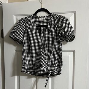 Madewell Black and White Gingham Plaid Short Sleeve V Neck Wrap Tie Top Small